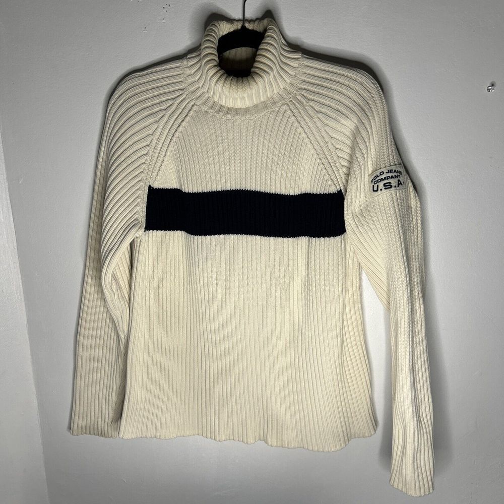 Vintage Polo Jeans Co. Sweater Mens Size L Ralph Lauren Cream Ribbed Turtleneck